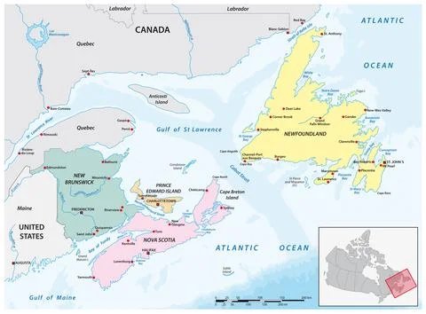 Detailed vector map of the four Canadian maritime provinces Stock Illustration