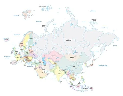 Detailed vector map of the two continents Europe and Asia Stock Illustration
