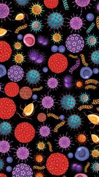 Detailed vector pattern of various bacteria, viruses, and germs against a dar Stock Illustration