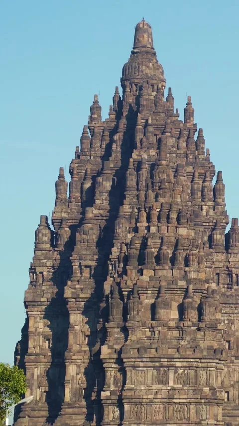 Detailed vertical view of a soaring Prambanan Temple spire reveals intricat.. Stock Footage 341544592