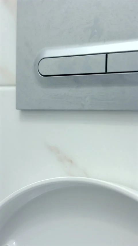 A Detailed Video Of A Hand Using A Modern Flush Button On A Toilet.  Vertical. 스톡 동영상 294320686