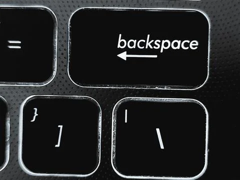 Detailed view of Backspace, bracket, and slash keys on a black keyboard. Stock Photos