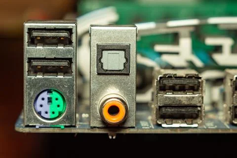 A detailed view of computer back panel ports and connectors for data transfer Foto stock