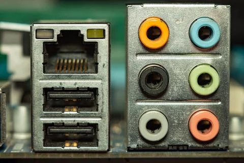 A detailed view of computer back panel ports connectivity for network 스톡 사진