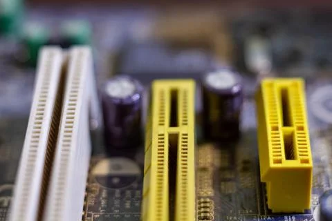 Detailed view of computer hardware parts used in desktop pc building and digital Stock Photos