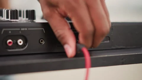 Detailed view of connection setup for digital audio systems, Focused shot of Stock Footage 346367528