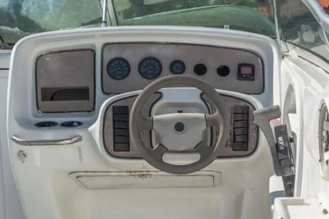 Detailed view of control panel on broken private boat Stock Photos