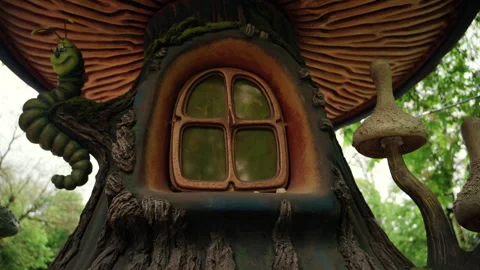 Detailed view of a decorative window on a whimsical mushroom shaped structure Видео 337144613