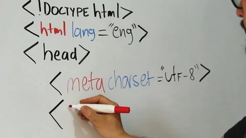Detailed view of a developer writing a HTML Code on an acrylic whiteboard Vídeo Stock 340583318