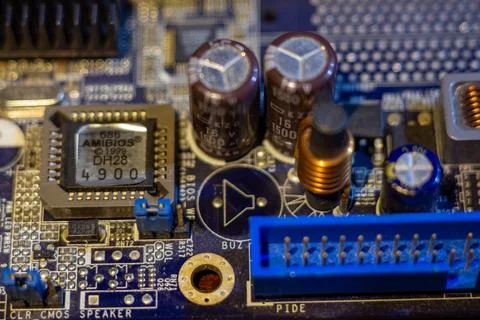 Detailed view of electronic components including integrated circuit and power Stock Photos