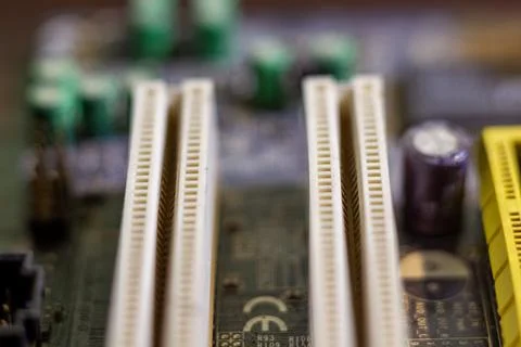 Detailed view of empty pci slots on computer mainboard for installing video 库存照片