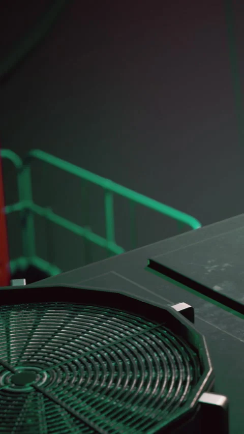 Detailed view of futuristic structure with green lighting and design elements Stock Footage 338389357
