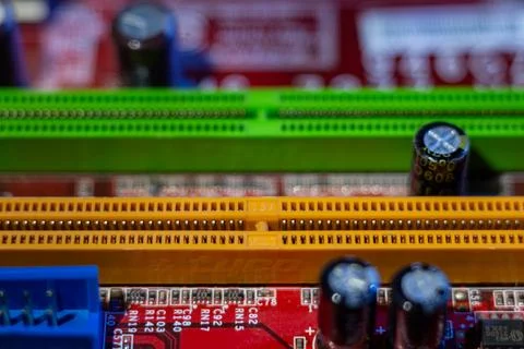 Detailed view of hardware components including various colored connectors Stock Photos