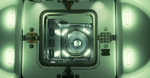 Detailed view of a high tech device with illuminated interior components Stock Illustration