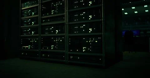 Detailed view of illuminated server rack in dark tech environment Stockillustratie