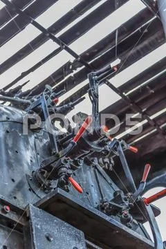 Detailed view inside to the old cab control train Stock Photos