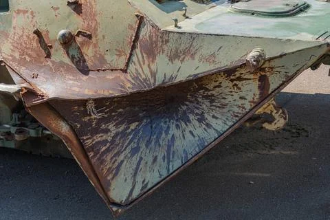 A detailed view of the interior of a war-torn car, with rust and decay taking Stock Photos