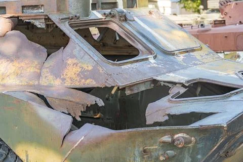 A detailed view of the interior of a war-torn car, with rust and decay taki.. Stock Photos