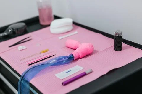 Detailed view of a microblading artist's worktable, showcasing tools for eyebrow Stock Photos