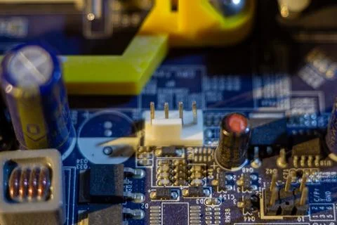 Detailed view of microchip architecture and electrical parts on a printed Stock Photos