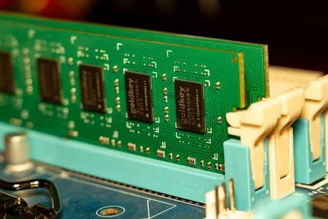 A detailed view of modern ram memory modules installed on motherboard circus Stock Photos