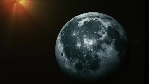 Detailed view of the moon in dark space with bright sunlight and starry bac.. Stock Footage 340383520