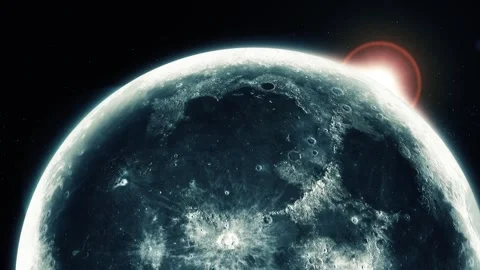 Detailed view of a moon in space with bright sunlight and a glowing flare b.. Stock Footage 337080371