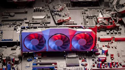 Detailed view of motherboards with computer electronics parts and fans. Stock Photos