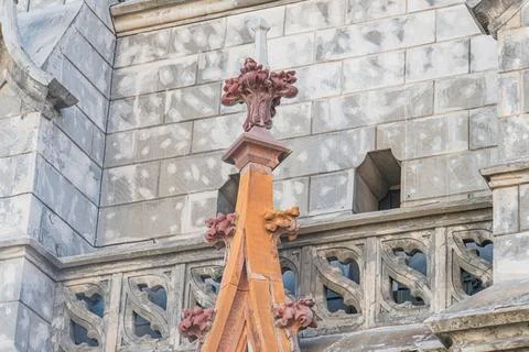 Detailed view of an old Gothic-style Roman Catholic church with a large, intr Stock Photos