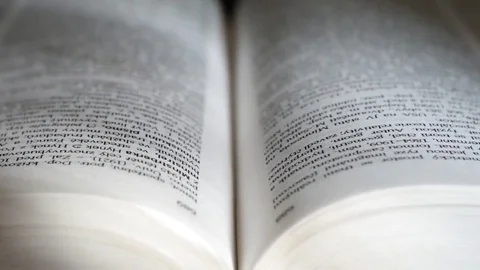 Detailed view of an open book. The movement of the camera dolly. Stock Footage 73462142