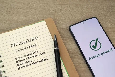 Detailed View of Password Checklist Notebook and Access Granted Phone Stock Photos