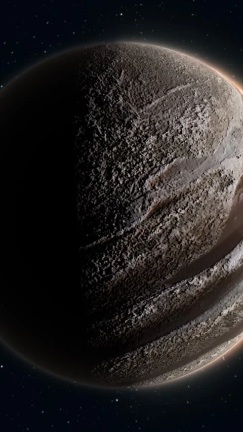 Detailed view of Pluto with its rugged cratered surface partially illuminat.. Video stock 342830109