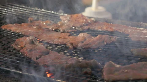 Detailed view of raw, red meat salted and peppered before grilling Stock Footage 222867929