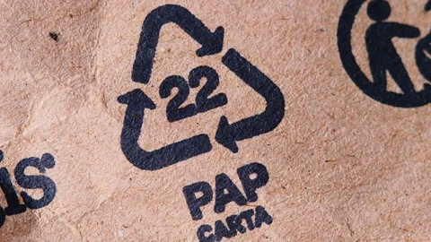 Detailed view of recycling triangle with number 22 on brown craft paper Stock Footage 327203991