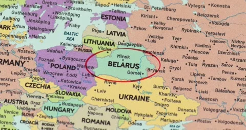 Detailed view of a red circle marking to belarus on a modern political world map Видео 348178013