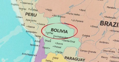 Detailed view of a red circle marking to bolivia on a modern political world map Stockbeeldmateriaal 348178038