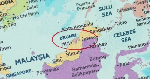Detailed view of a red circle marking to brunei on a modern political world map 스톡 동영상 348178052