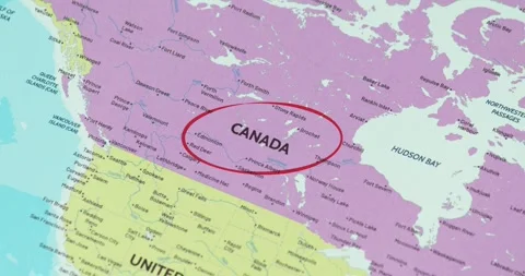 Detailed view of a red circle marking to canada on a modern political world map 스톡 동영상 348178080