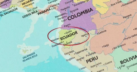 Detailed view of a red circle marking to ecuador on a modern political world map Vídeo Stock 348178140
