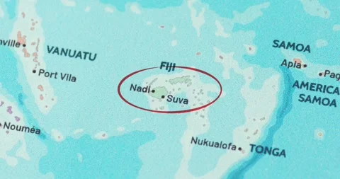 Detailed view of a red circle marking to fiji on a modern political world map Vídeo Stock 348178166