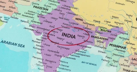 Detailed view of a red circle marking to india on a modern political world map Видео 348178245