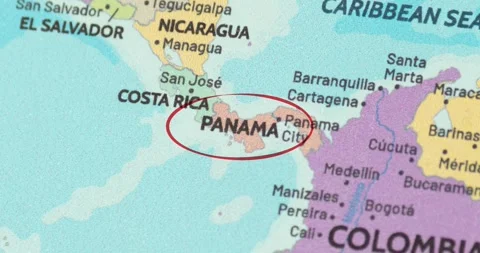 Detailed view of a red circle marking to panama on a modern political world map 動画素材 348178825