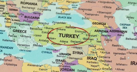 Detailed view of a red circle marking to turkey on a modern political world map Видео 348178937