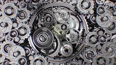 A detailed view of rotating gears, each driving another to form a seamless .. Video stock 303346502
