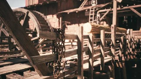 Detailed view of rustic lumber mill structure with logs and wooden pathways Stock Illustration
