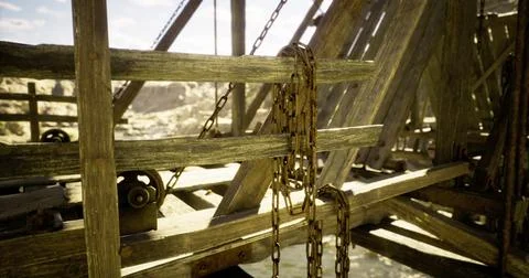 Detailed view of rustic wooden structure with chains in a sunny landscape イラスト素材
