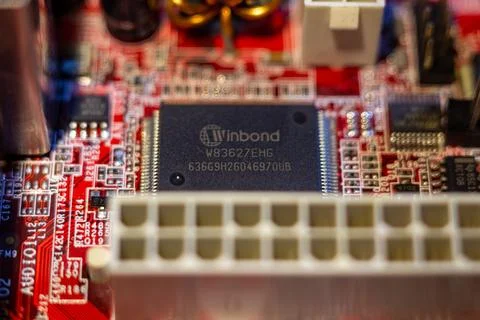 Detailed view of semiconductor chip integrated circuit mounted on computer Stock Photos