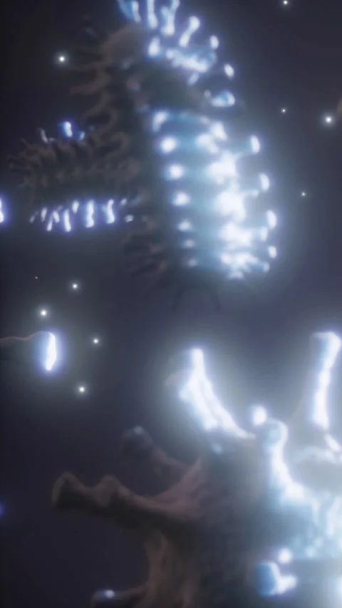 A detailed view shows a virus structure glowing with light in a dark background Stock Footage 336173957