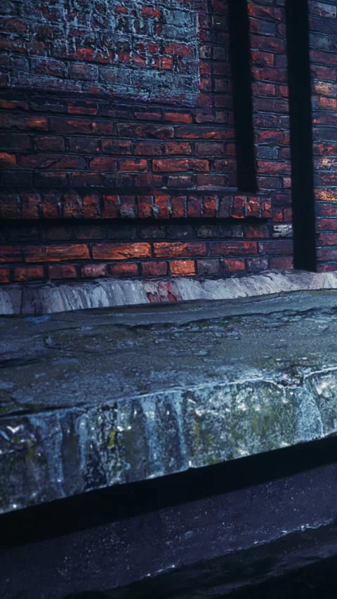 Detailed view of stone platform beside a red brick wall in urban area Stock Footage 342655872