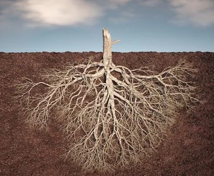 A detailed view of a tree's root system emerging from the soil, showcasing .. Stock Illustration